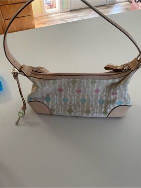 Fossil Beige Signature Canvas Shoulder Bag with Multicolor Accents
